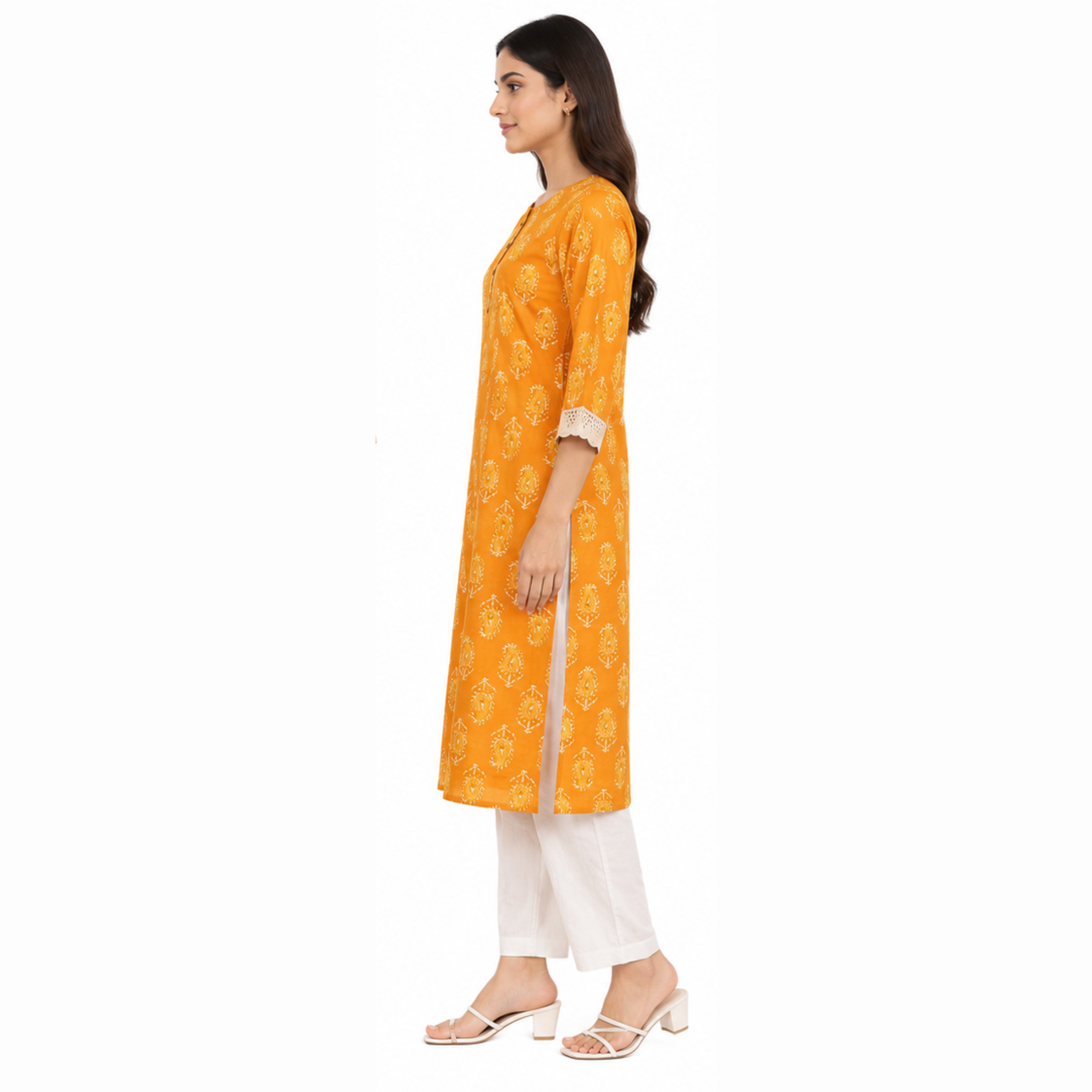 Women's Mustard Yellow Printed Cotton Straight Kurti