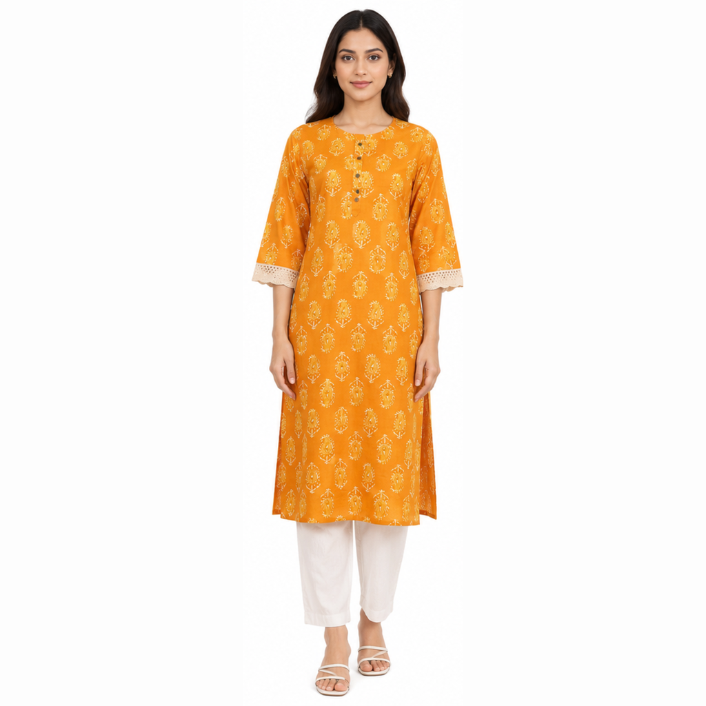 Women's Mustard Yellow Printed Cotton Straight Kurti