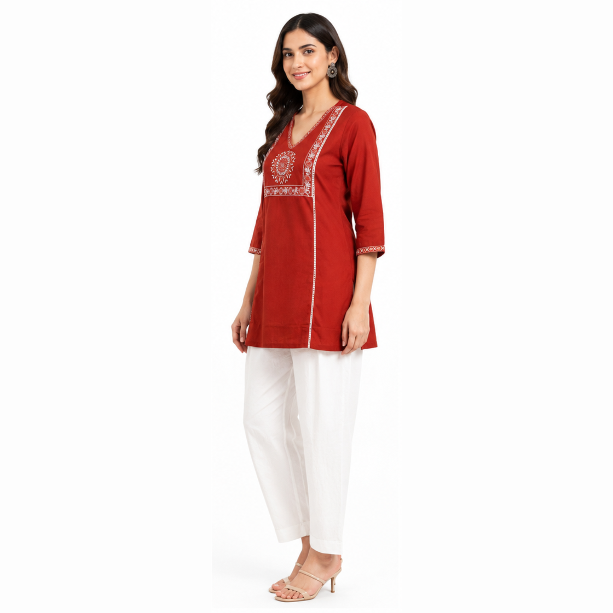 Women's Rust Red Embroidered Cotton Short Kurti
