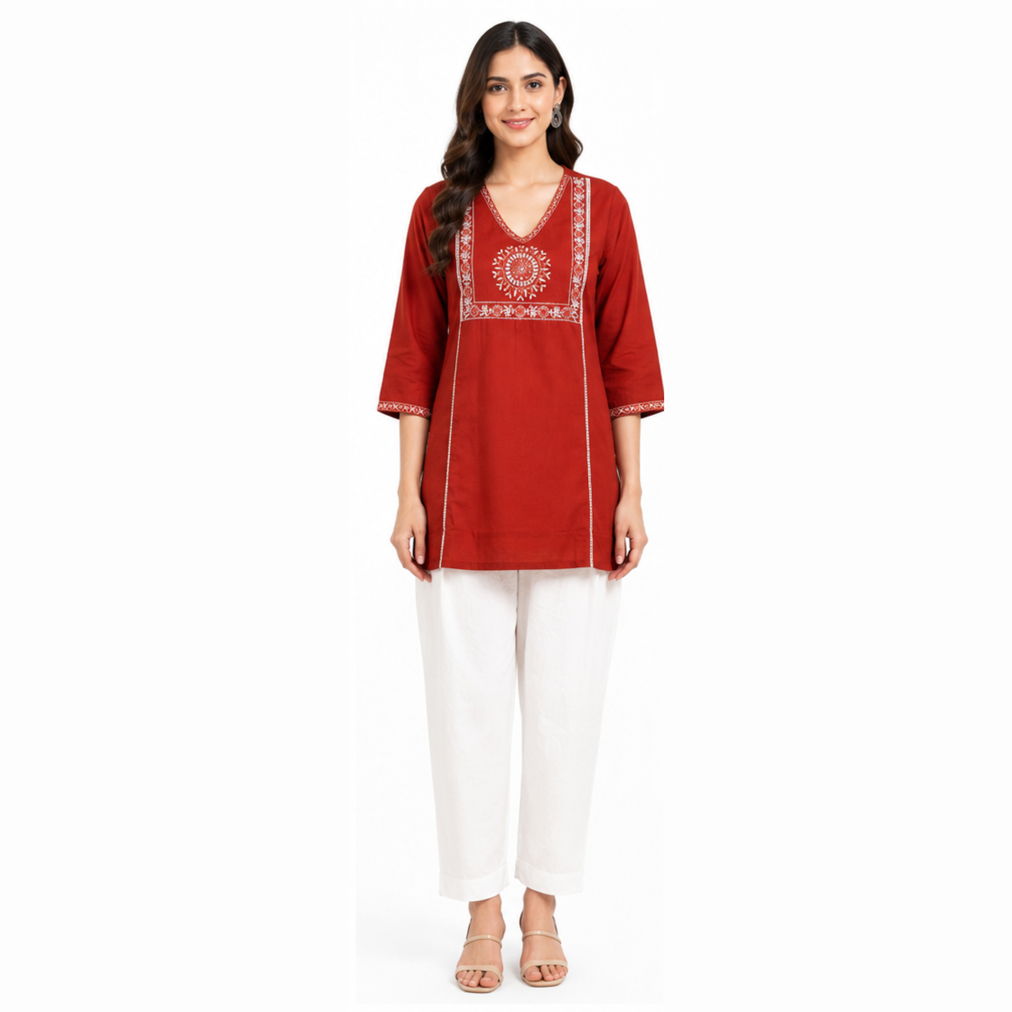 Women's Rust Red Embroidered Cotton Short Kurti