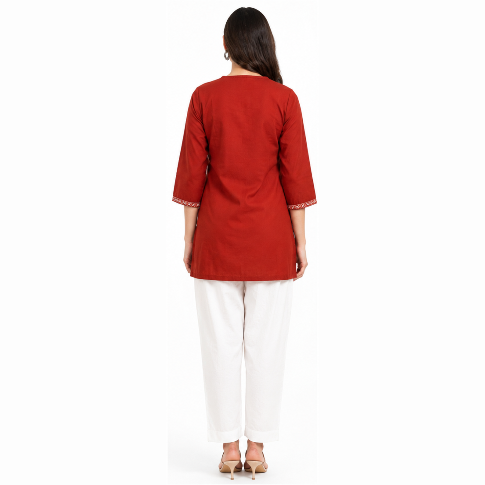 Women's Rust Red Embroidered Cotton Short Kurti