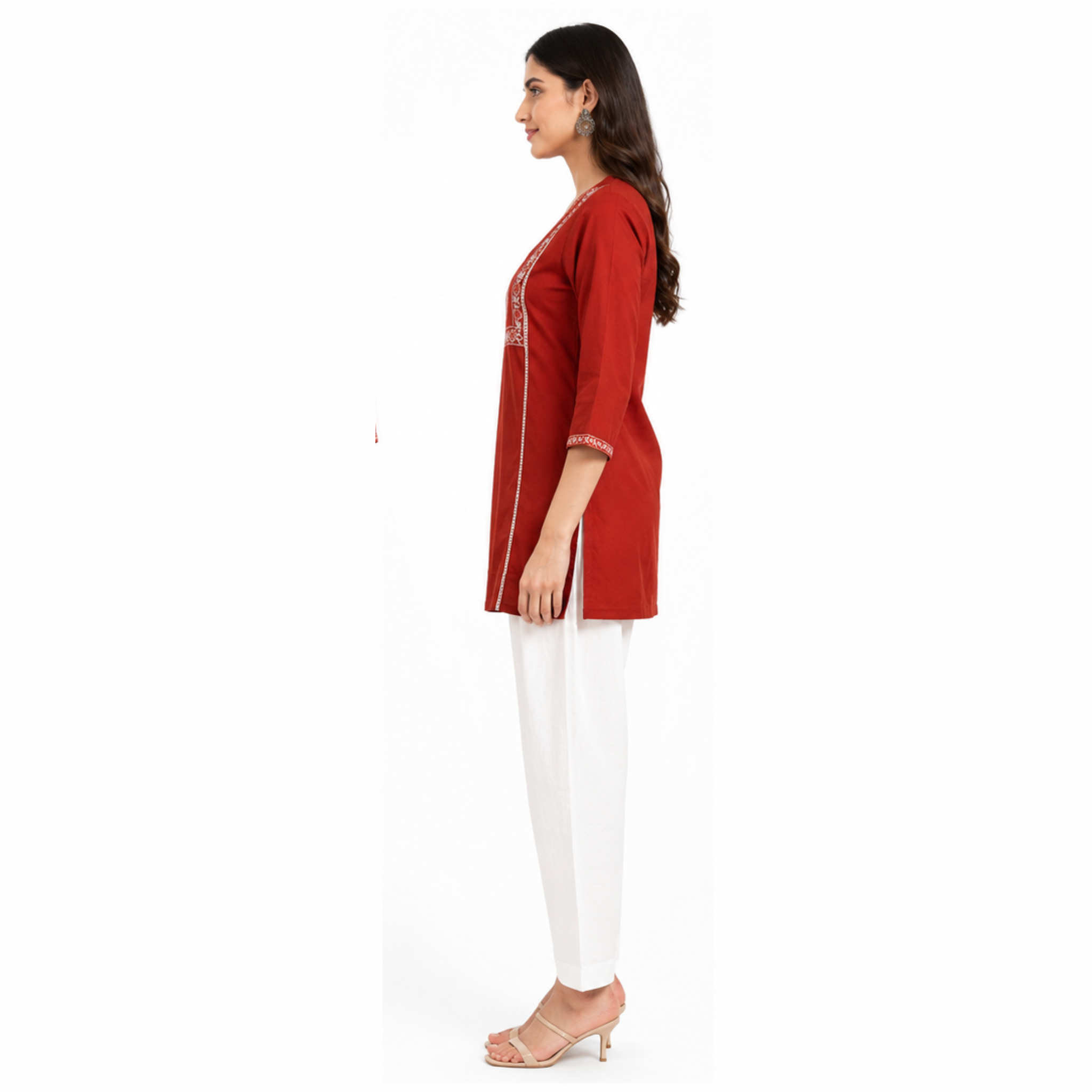 Women's Rust Red Embroidered Cotton Short Kurti