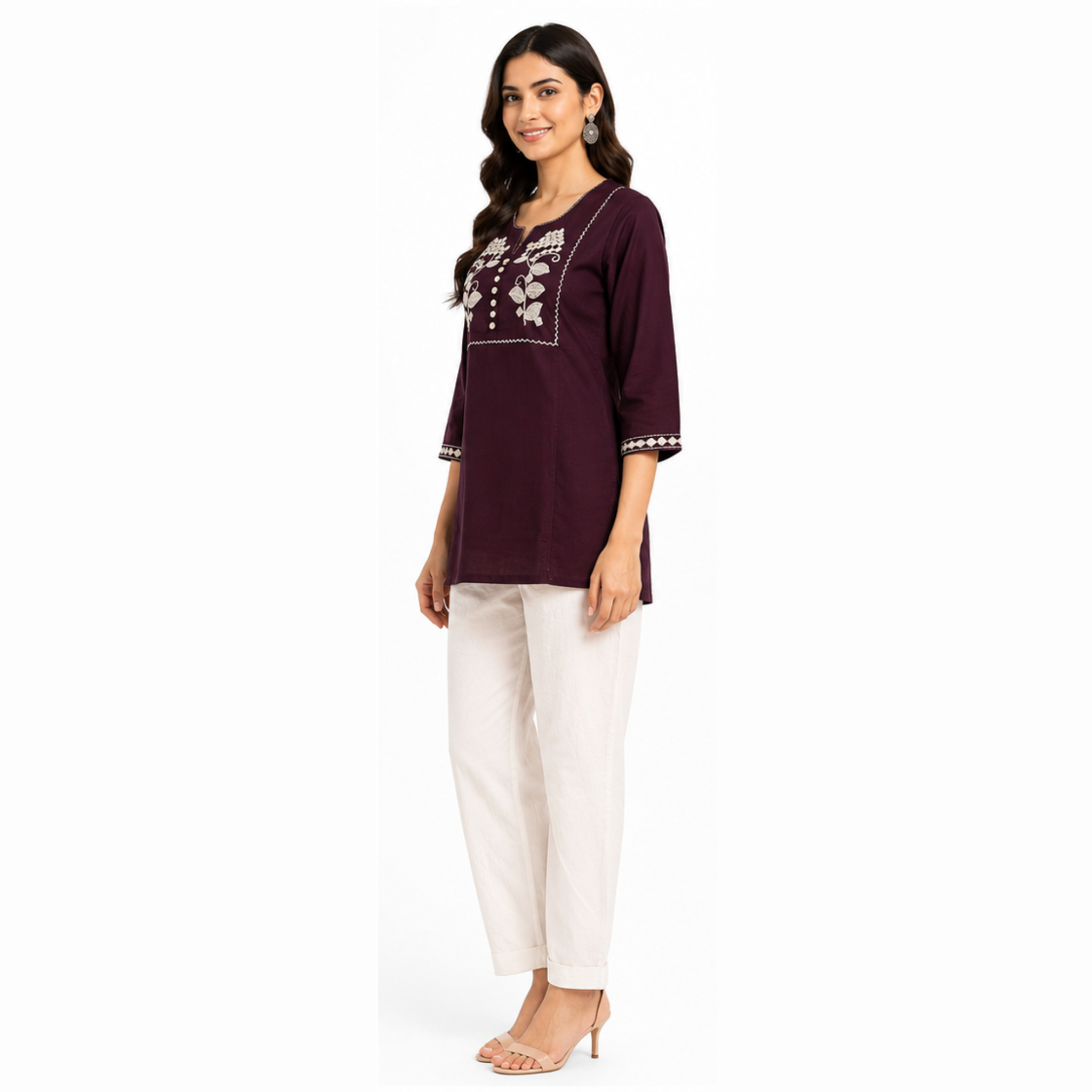 Women's Plum Purple Embroidered Cotton Short Kurti