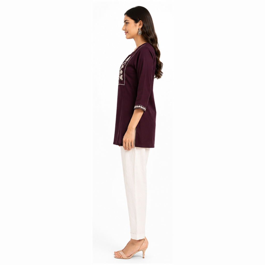 Women's Plum Purple Embroidered Cotton Short Kurti