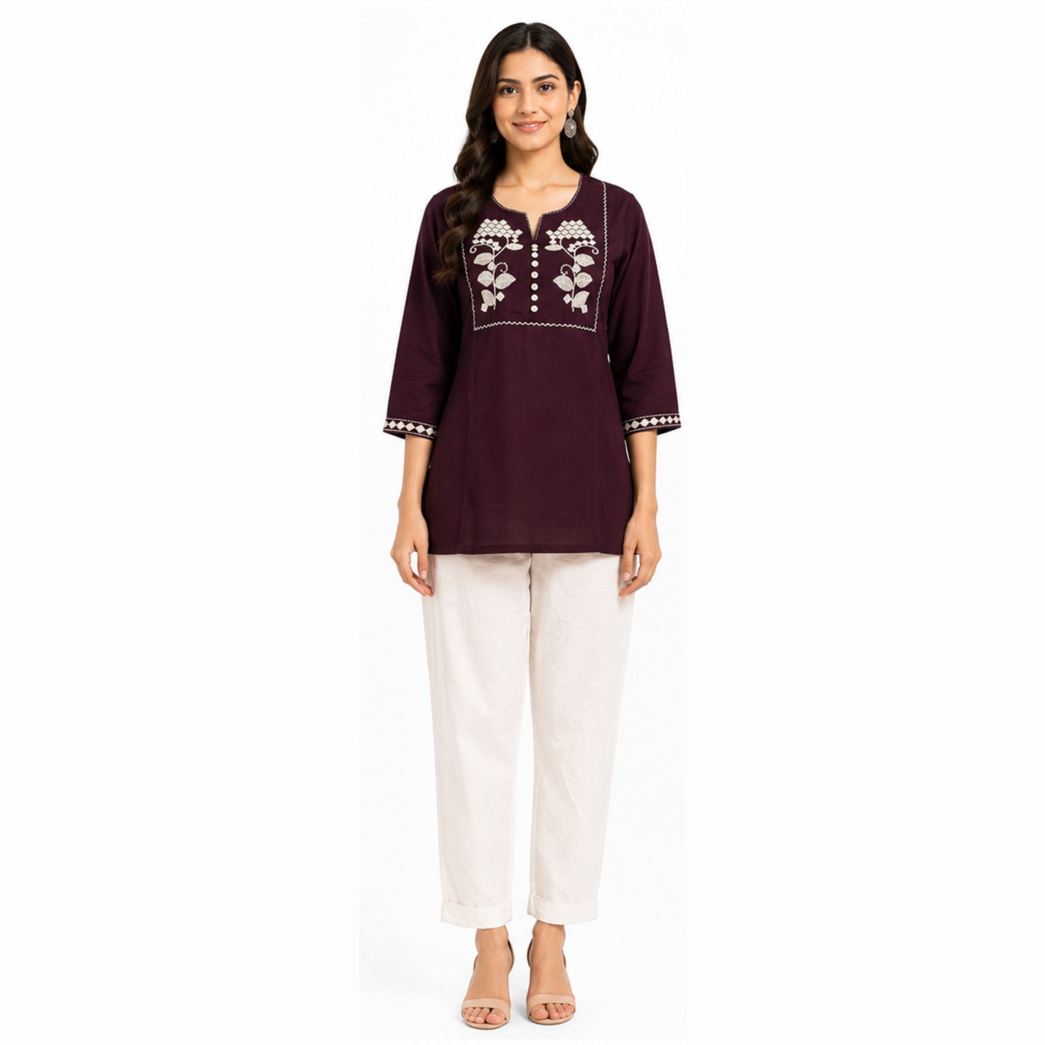 Women's Plum Purple Embroidered Cotton Short Kurti