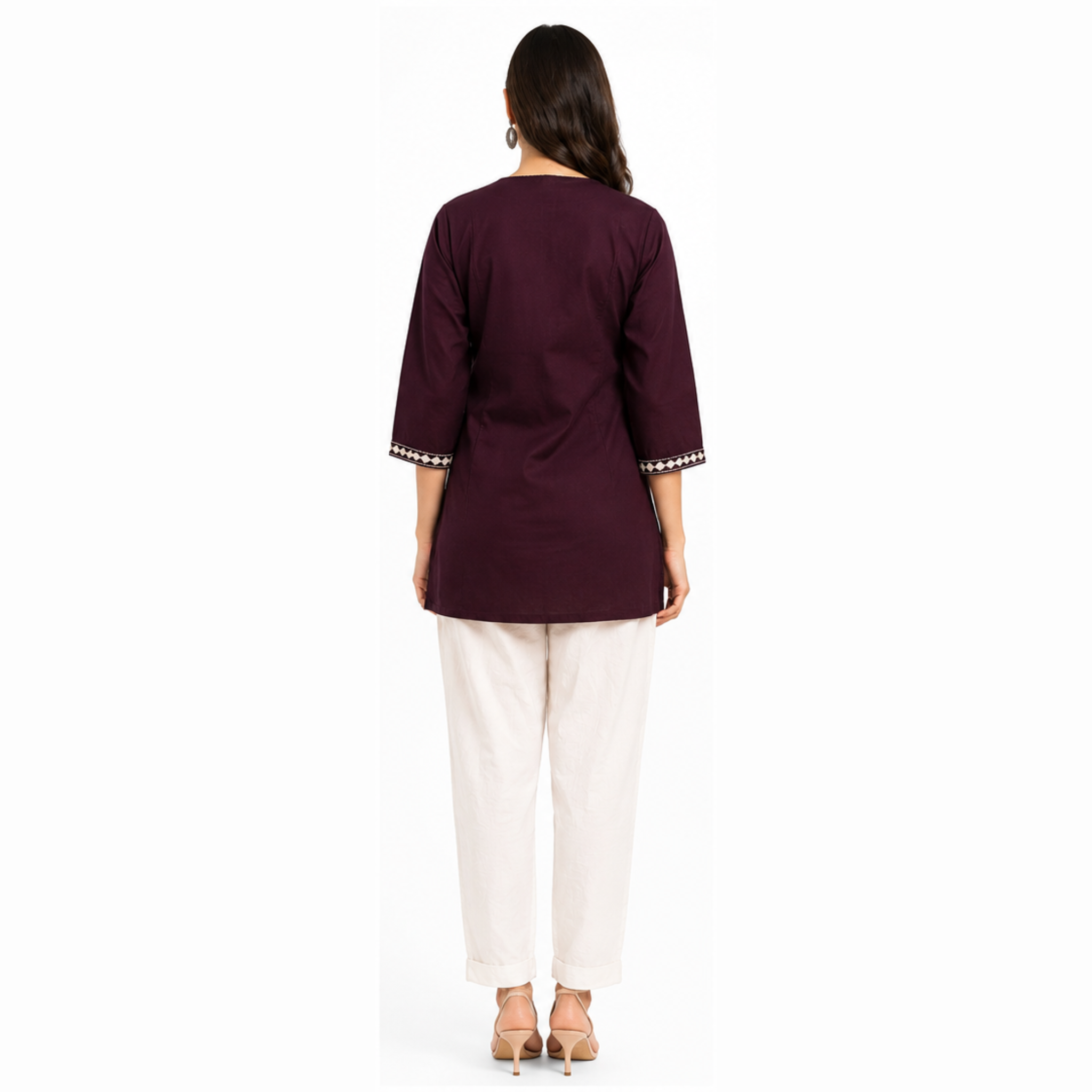 Women's Plum Purple Embroidered Cotton Short Kurti