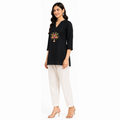 Women's Black Floral Embroidered Cotton Short Kurti