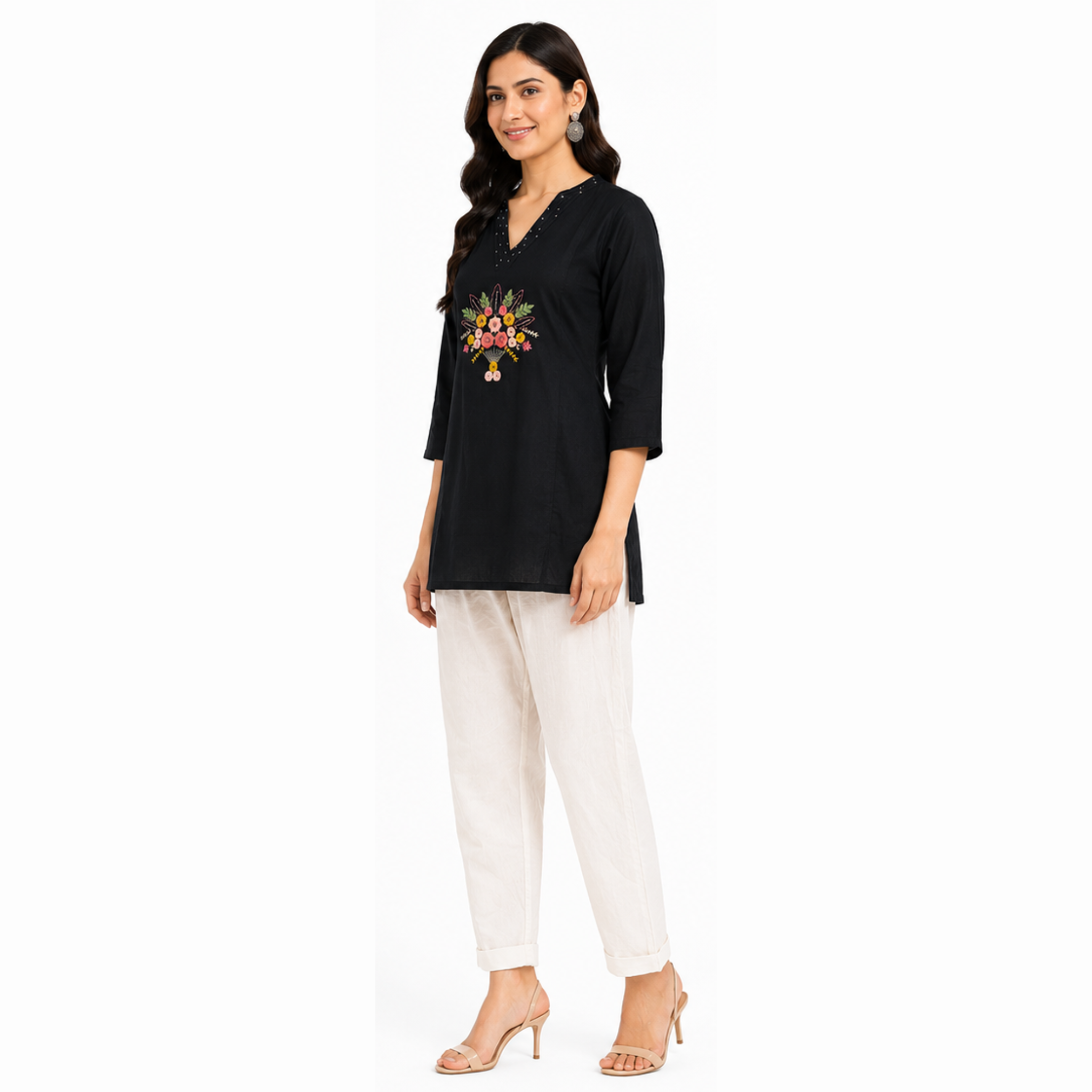 Women's Black Floral Embroidered Cotton Short Kurti
