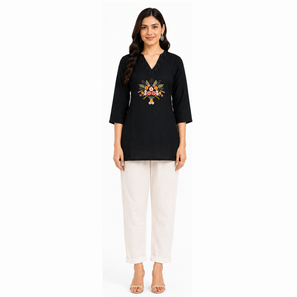 Women's Black Floral Embroidered Cotton Short Kurti