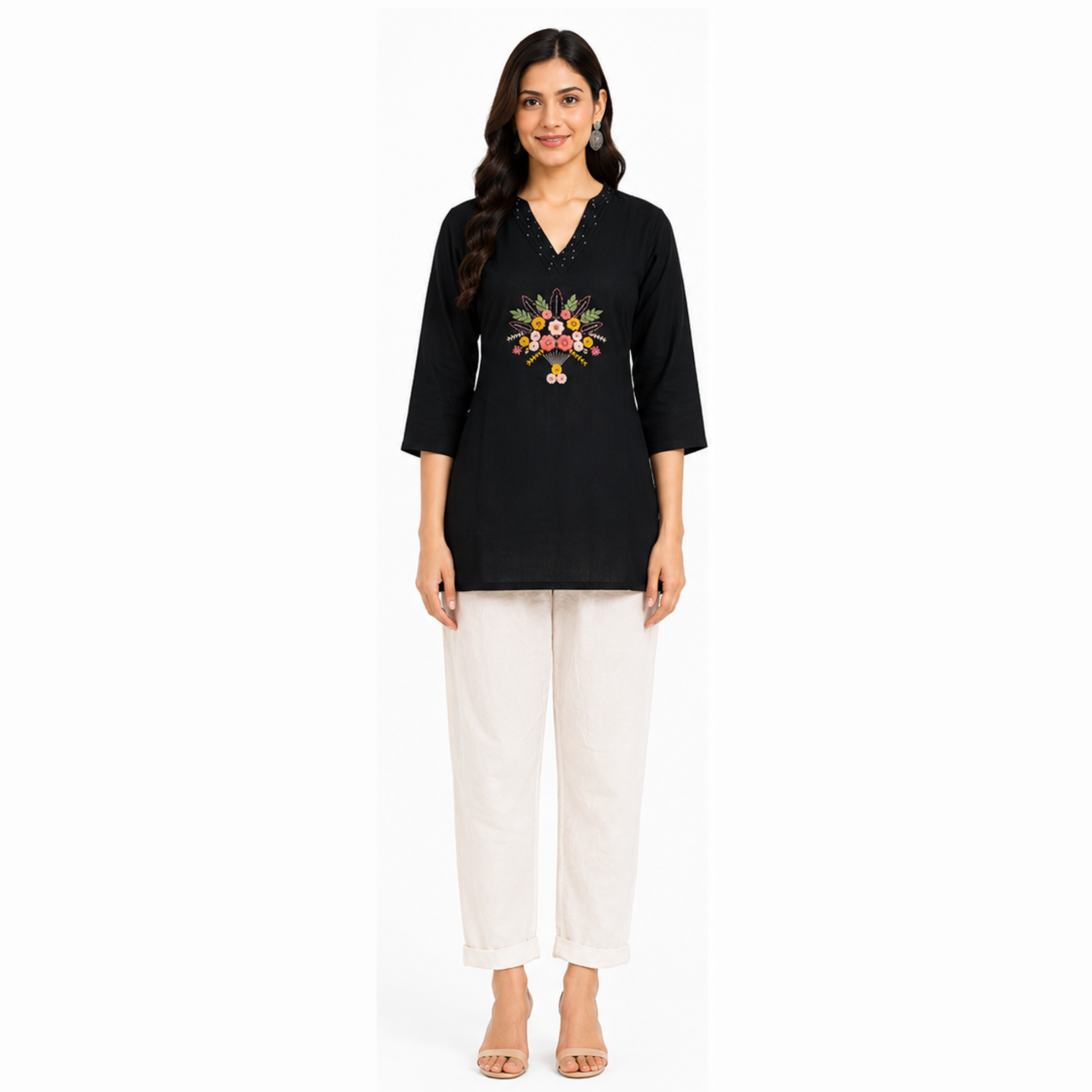 Women's Black Floral Embroidered Cotton Short Kurti