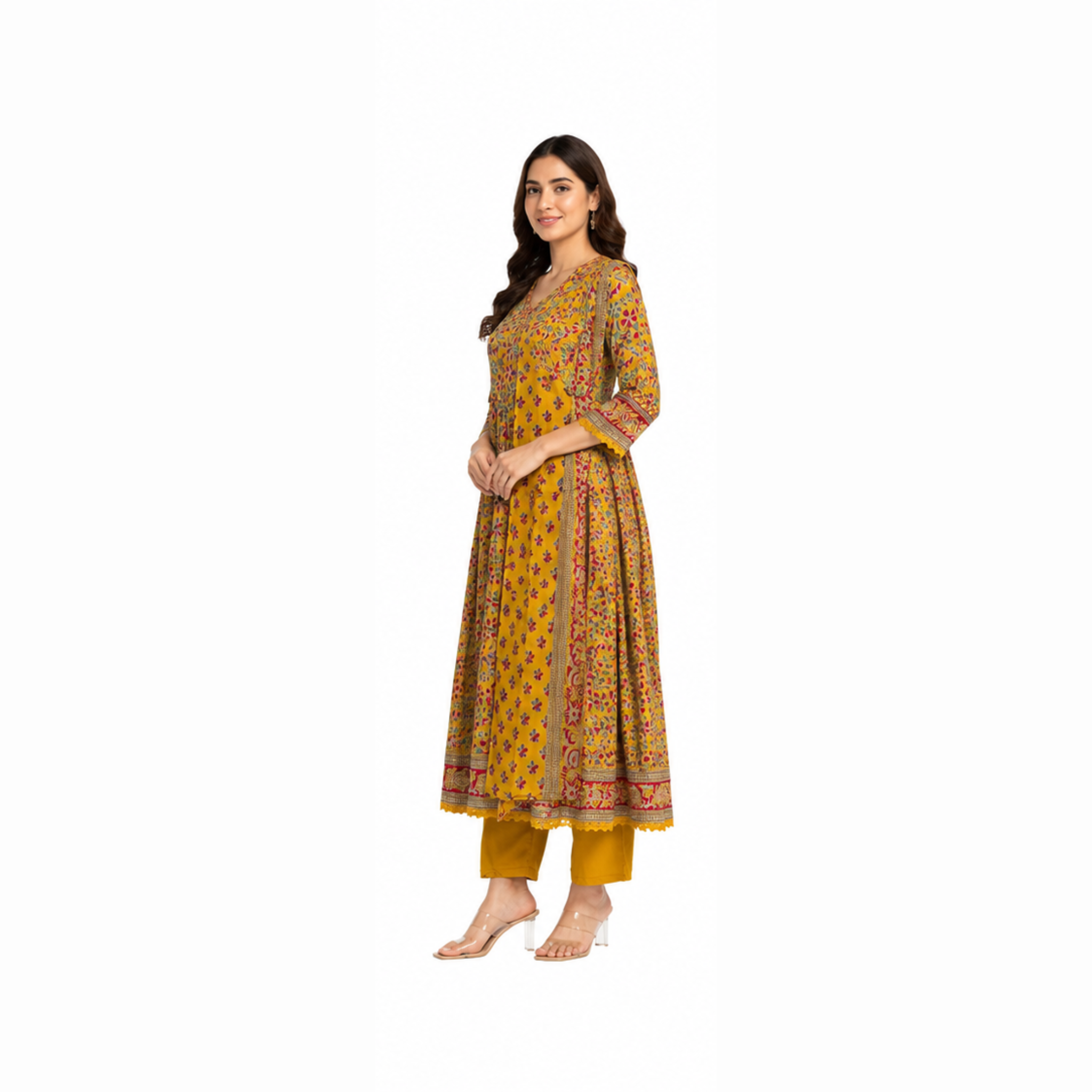 Mustard Printed Angrakha Suit Set with Pants & Dupatta