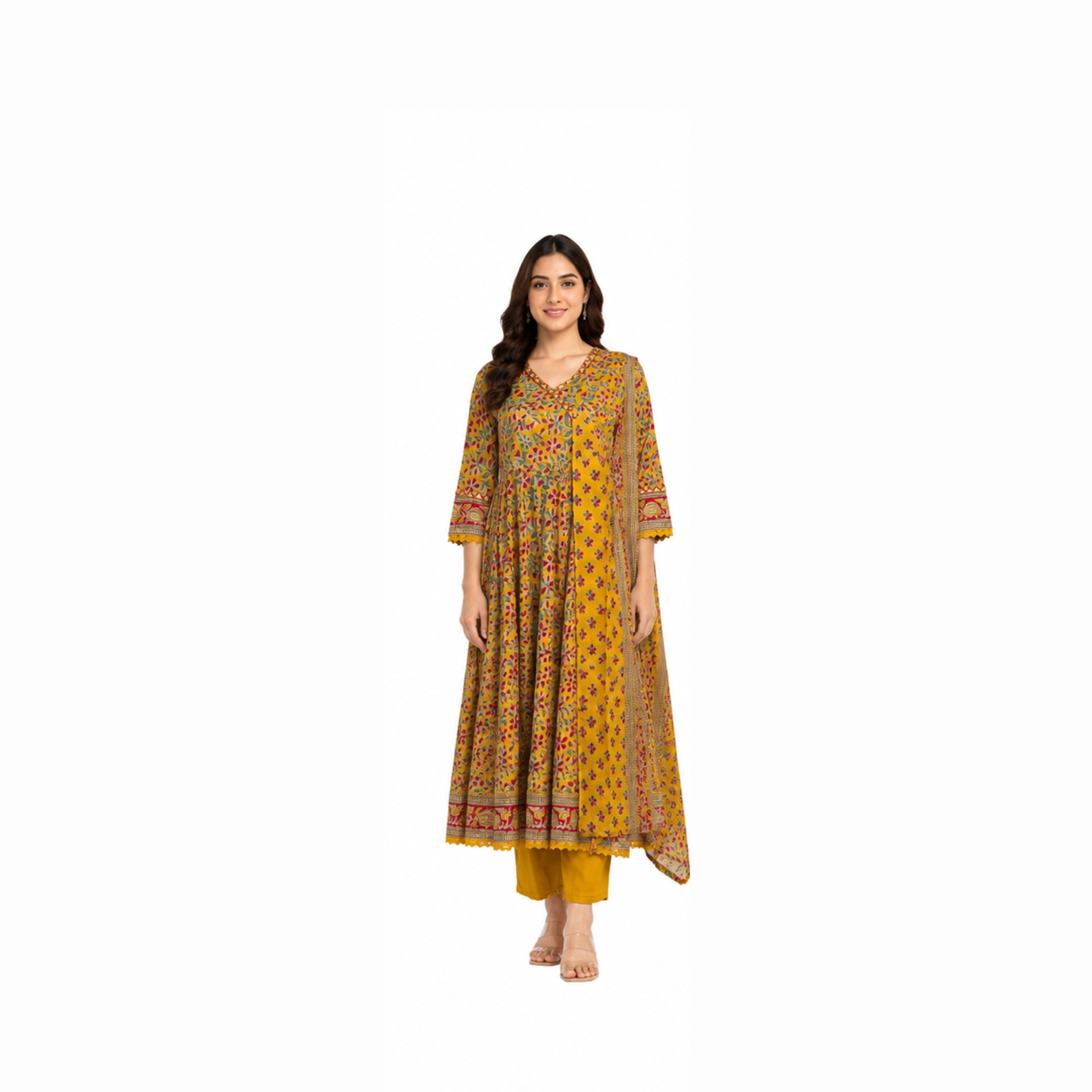 Mustard Printed Angrakha Suit Set with Pants & Dupatta