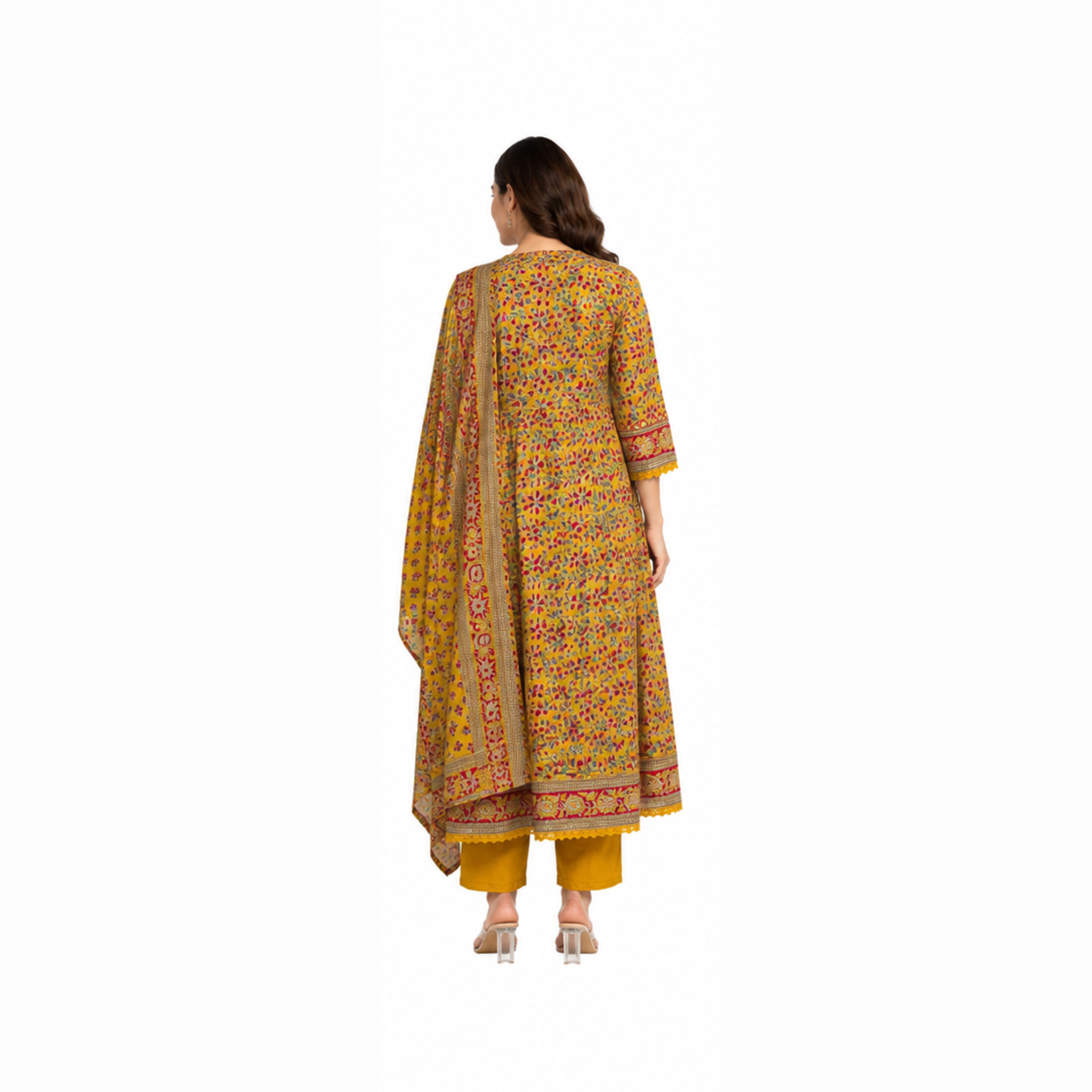 Mustard Printed Angrakha Suit Set with Pants & Dupatta