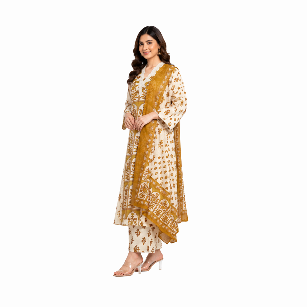 Mustard & Ivory Cotton Suit Set with Dupatta