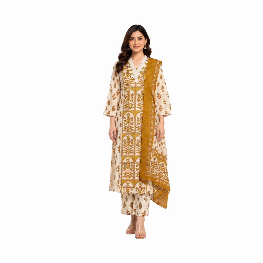 Mustard & Ivory Cotton Suit Set with Dupatta