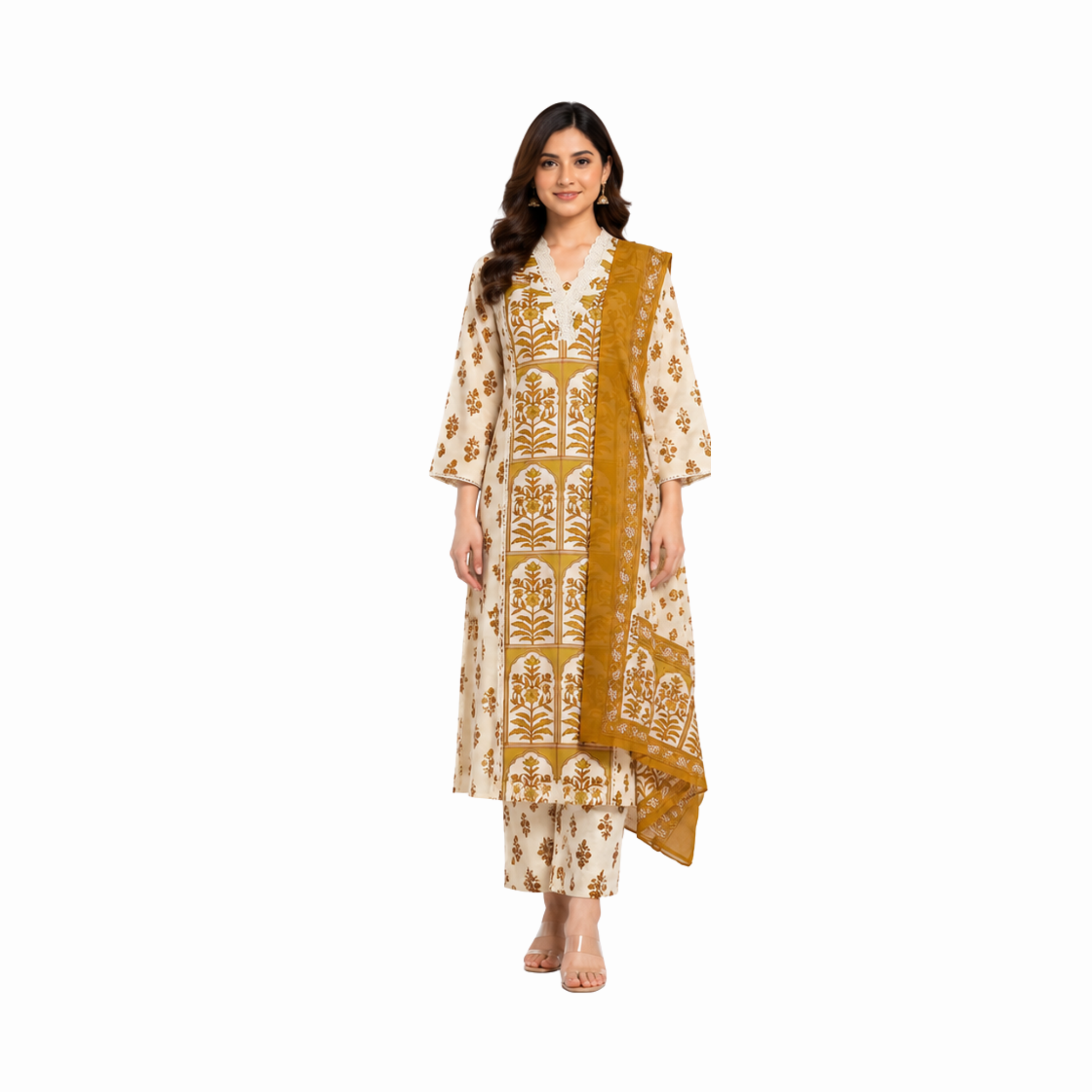 Mustard & Ivory Cotton Suit Set with Dupatta