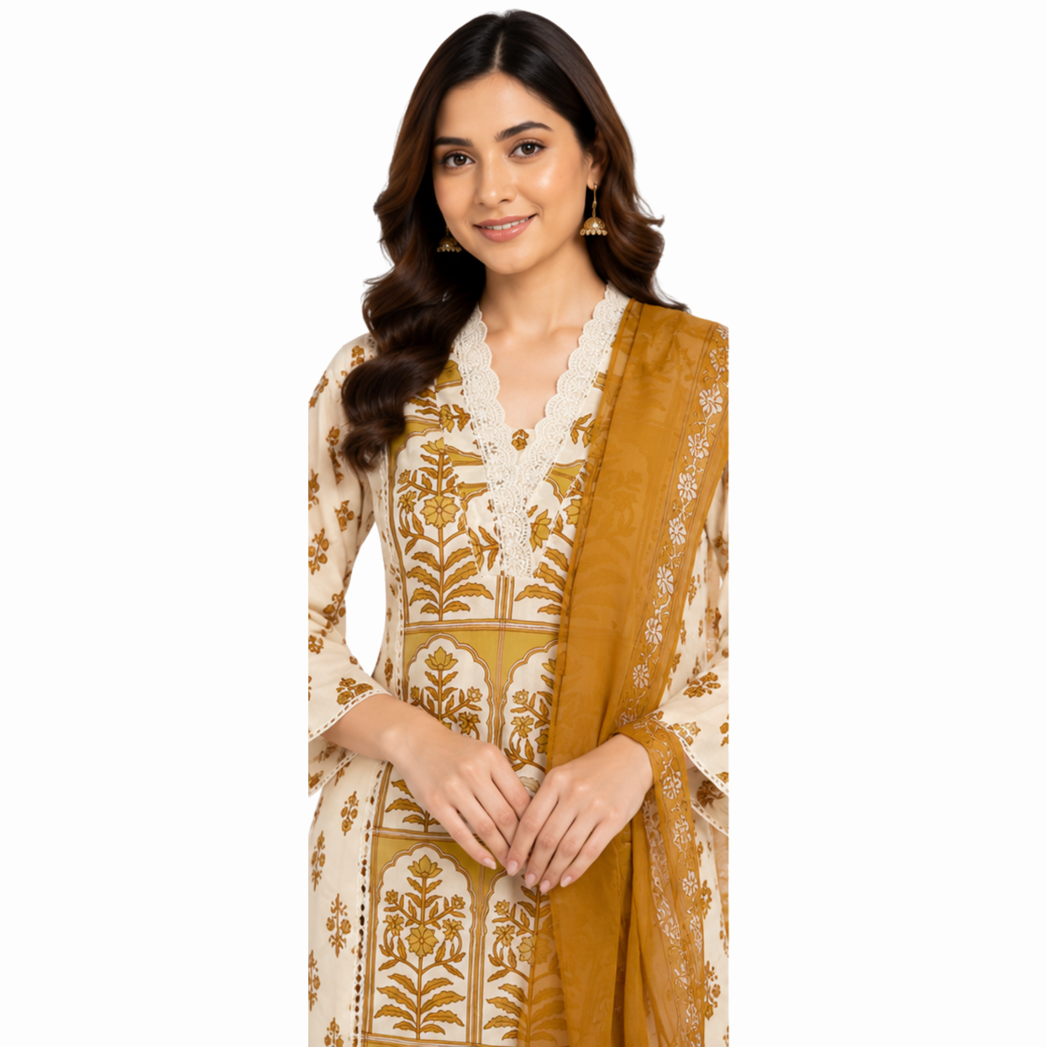 Mustard & Ivory Cotton Suit Set with Dupatta
