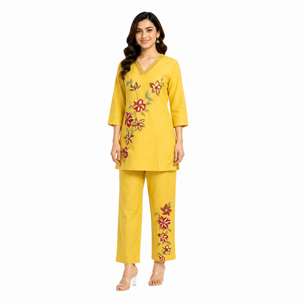Mustard Floral Cotton Co-Ord Set | V-Neck