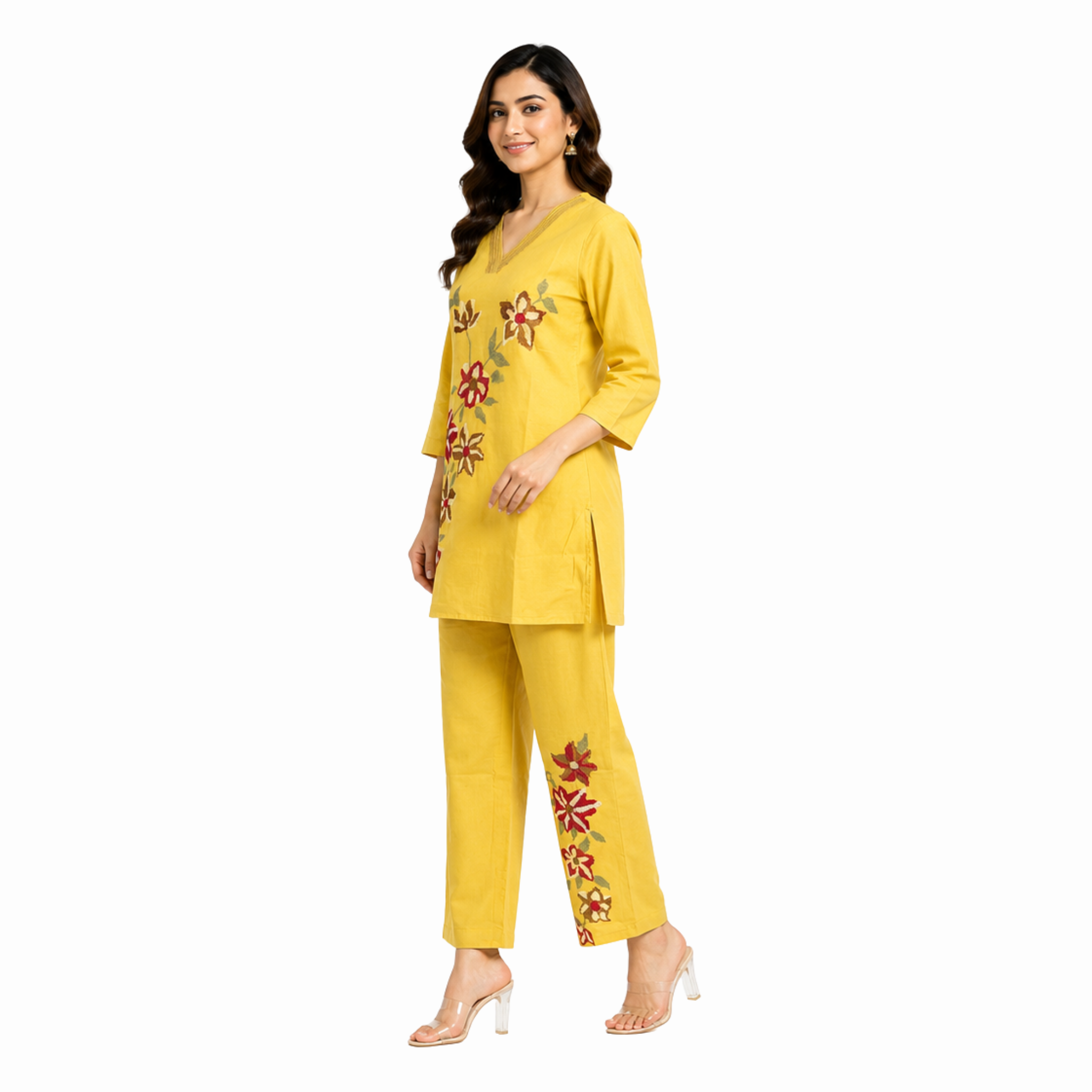 Mustard Floral Cotton Co-Ord Set | V-Neck