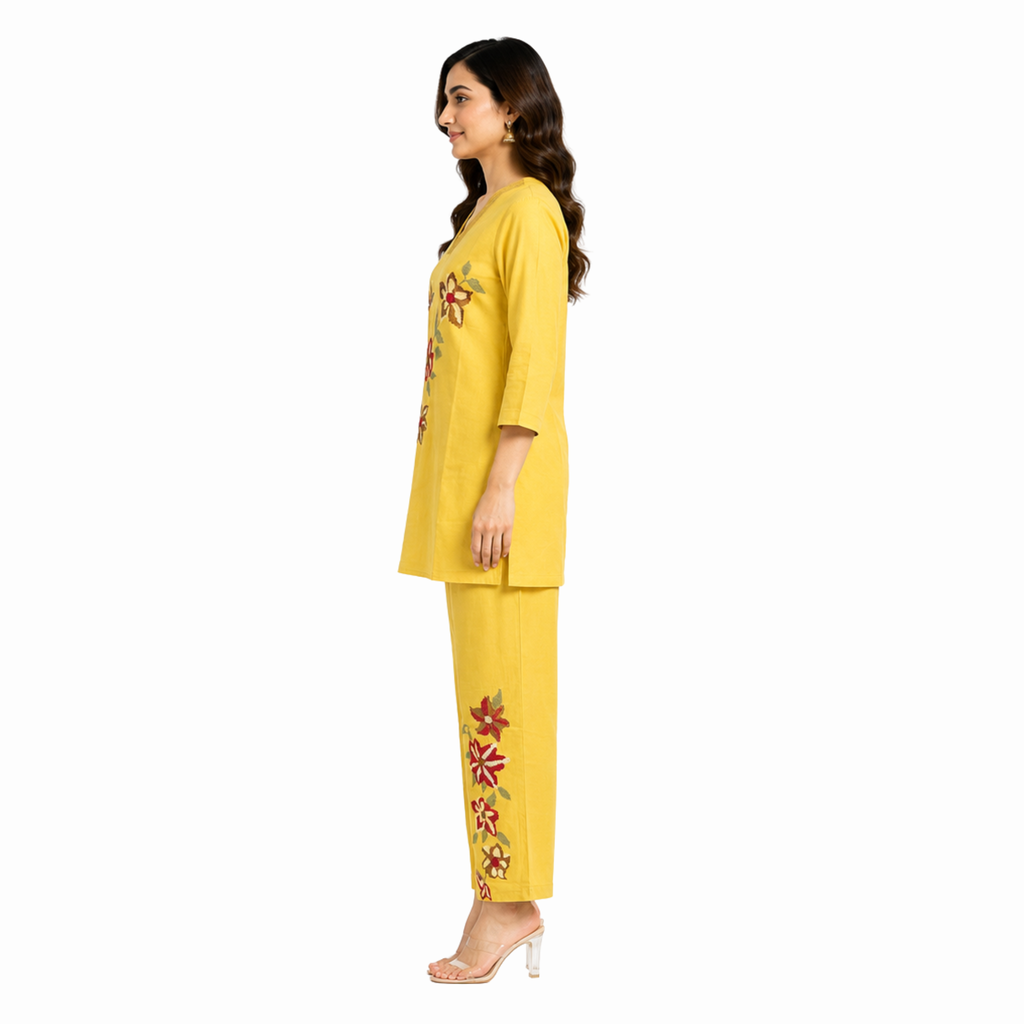 Mustard Floral Cotton Co-Ord Set | V-Neck