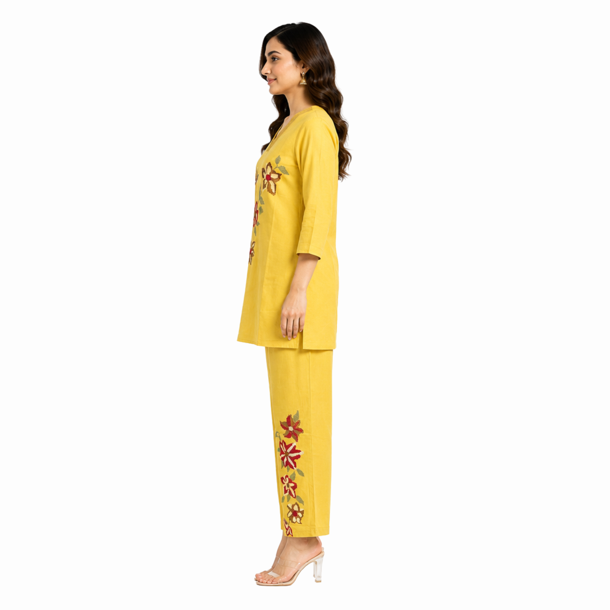 Mustard Floral Cotton Co-Ord Set | V-Neck