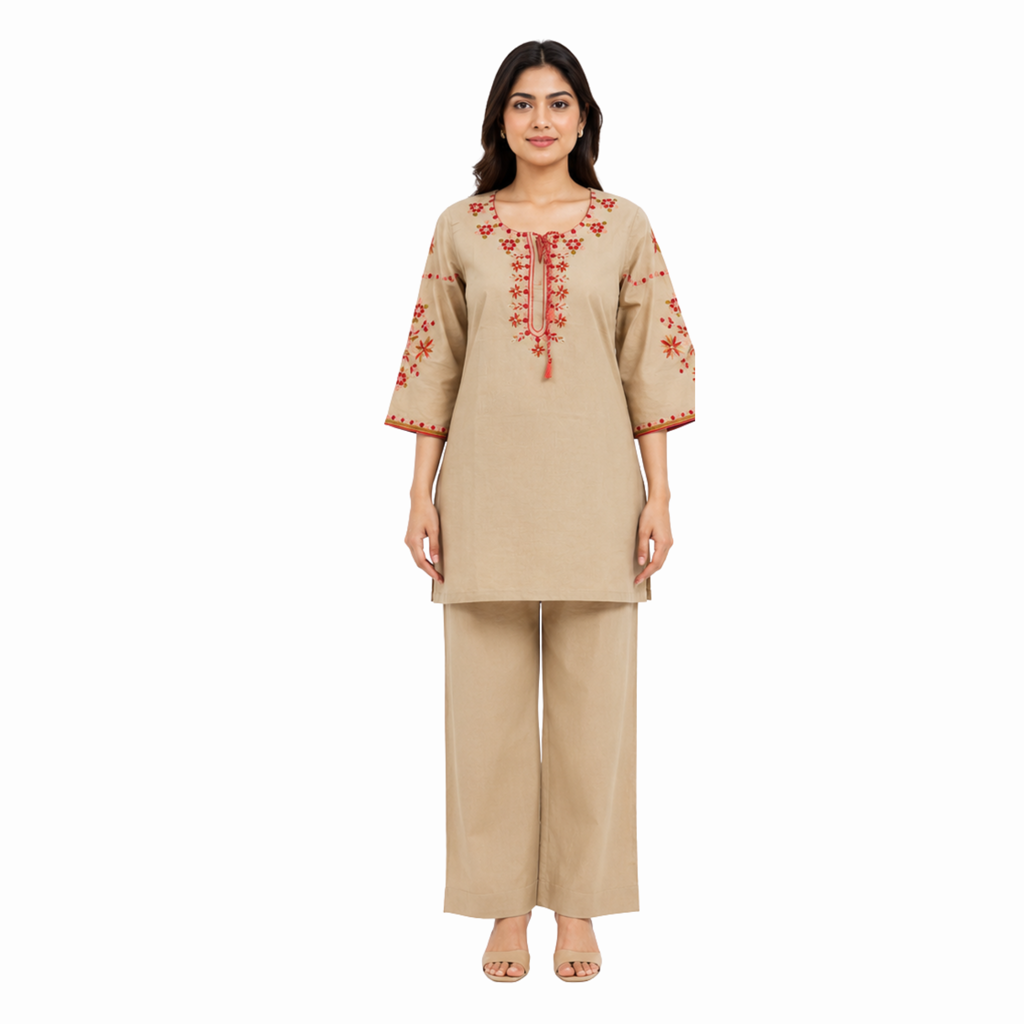Beige Embroidered Cotton Co-Ord Set | Palazzo Pants