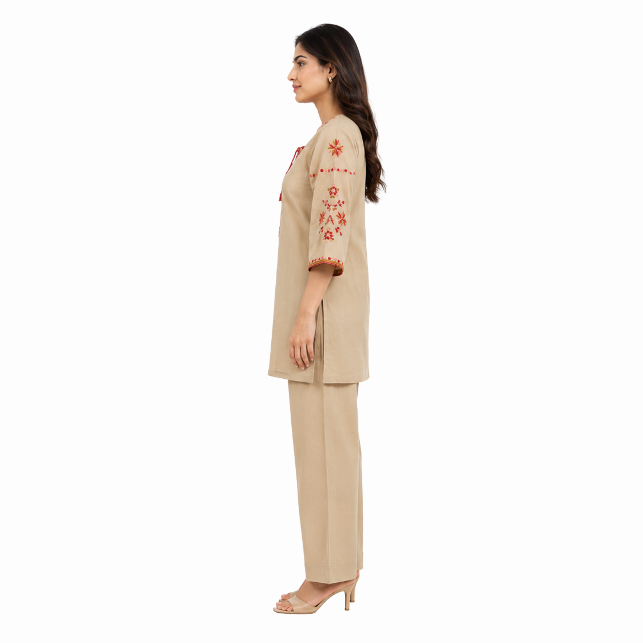 Beige Embroidered Cotton Co-Ord Set | Palazzo Pants