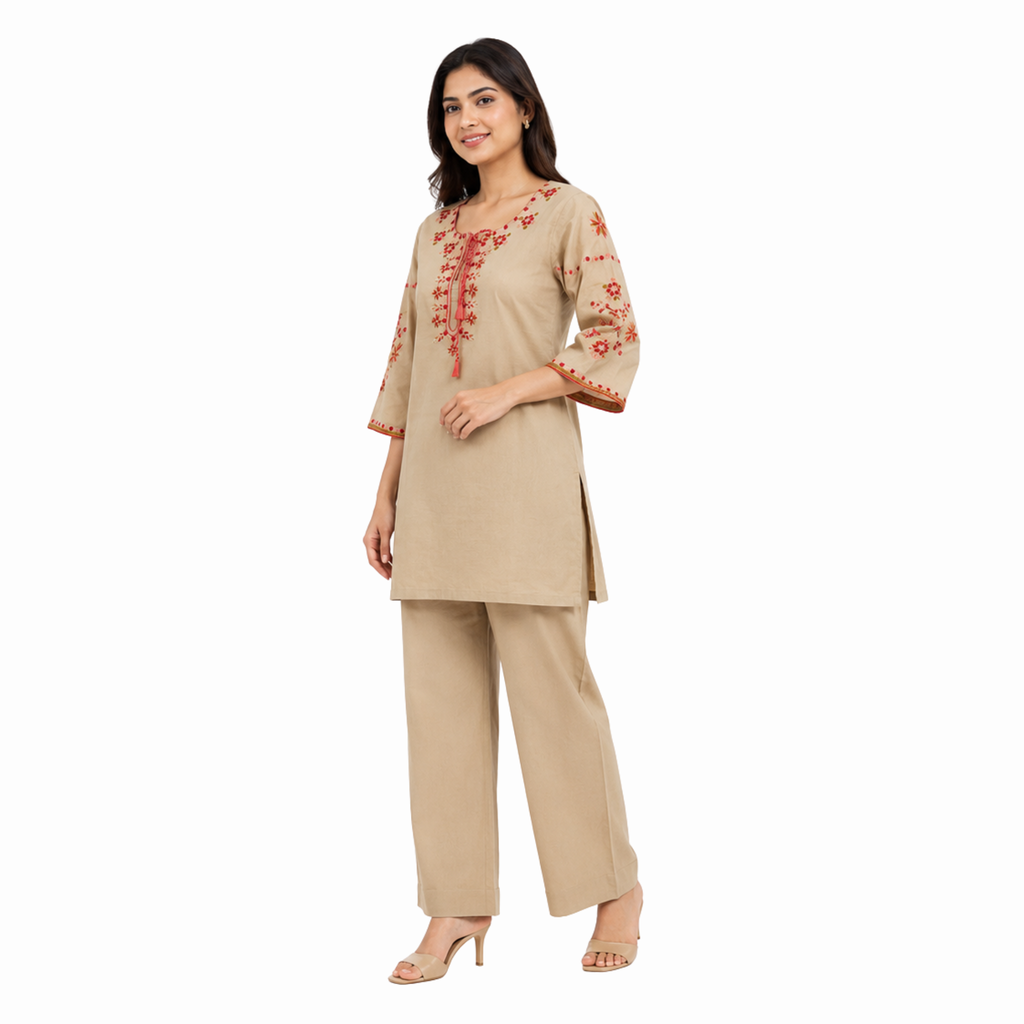 Beige Embroidered Cotton Co-Ord Set | Palazzo Pants
