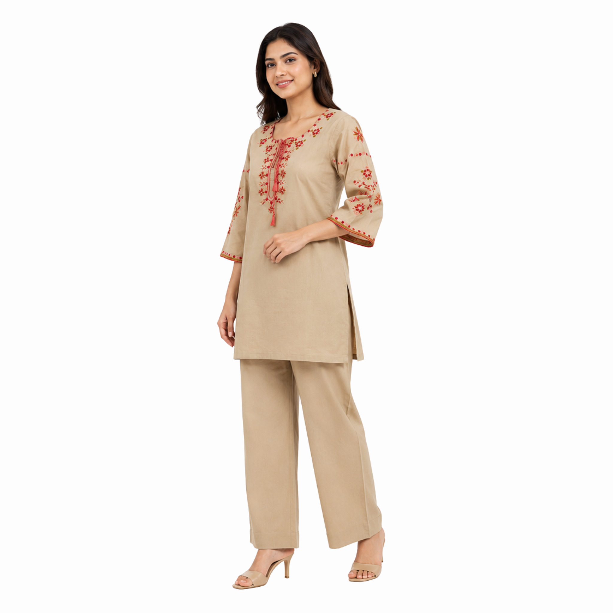 Beige Embroidered Cotton Co-Ord Set | Palazzo Pants