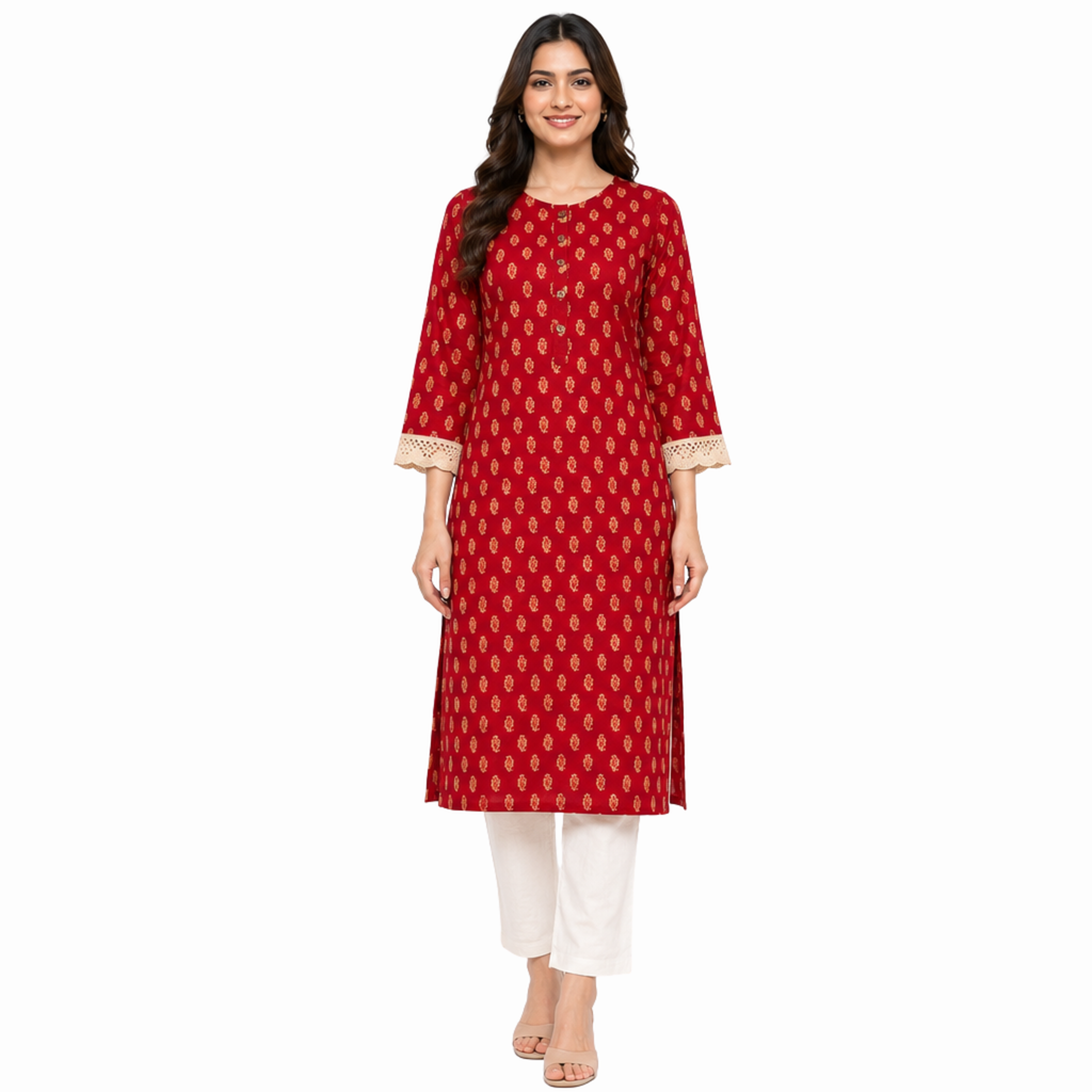 Maroon Red Printed Cotton Kurti