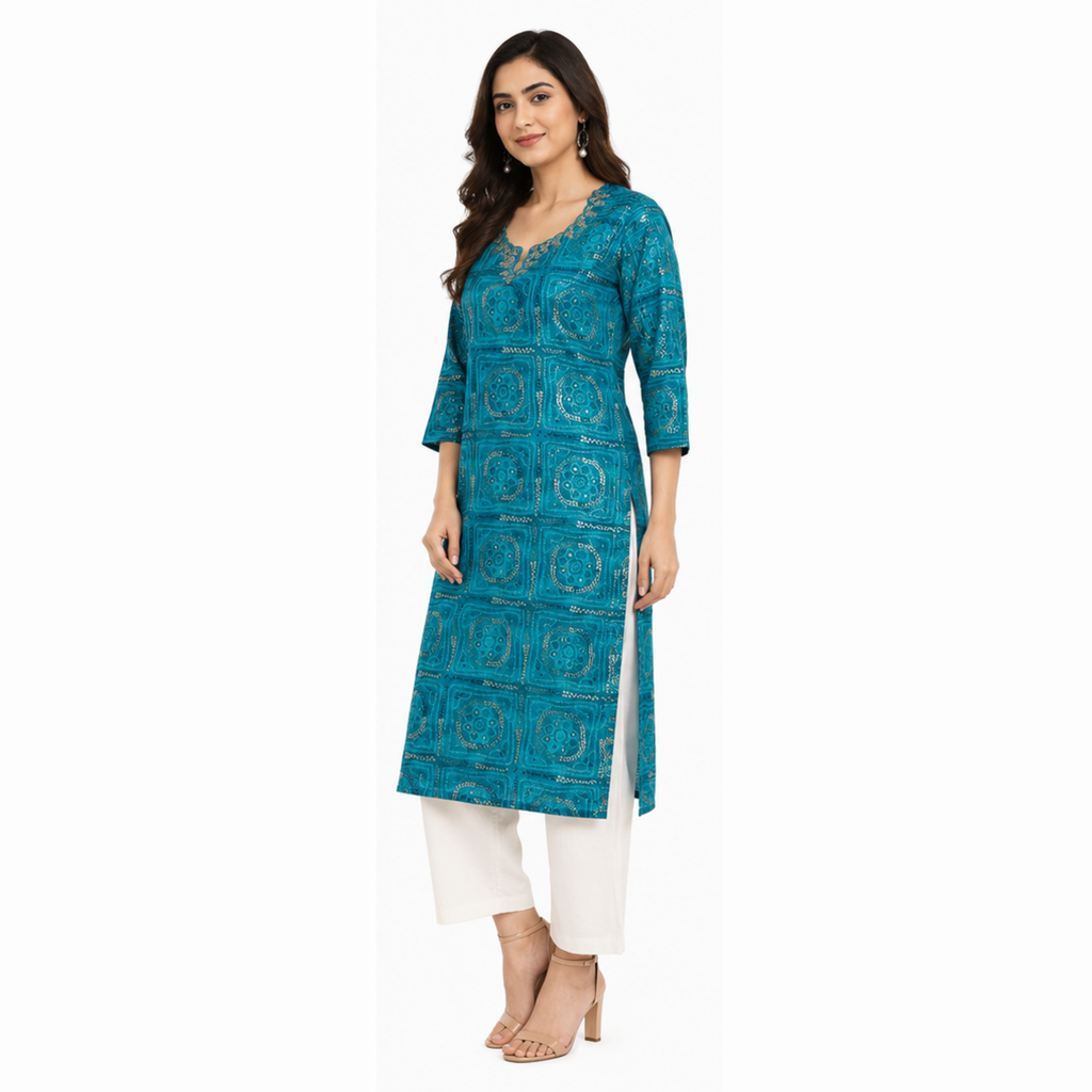 Women's Teal Blue Printed Cotton Straight Kurti