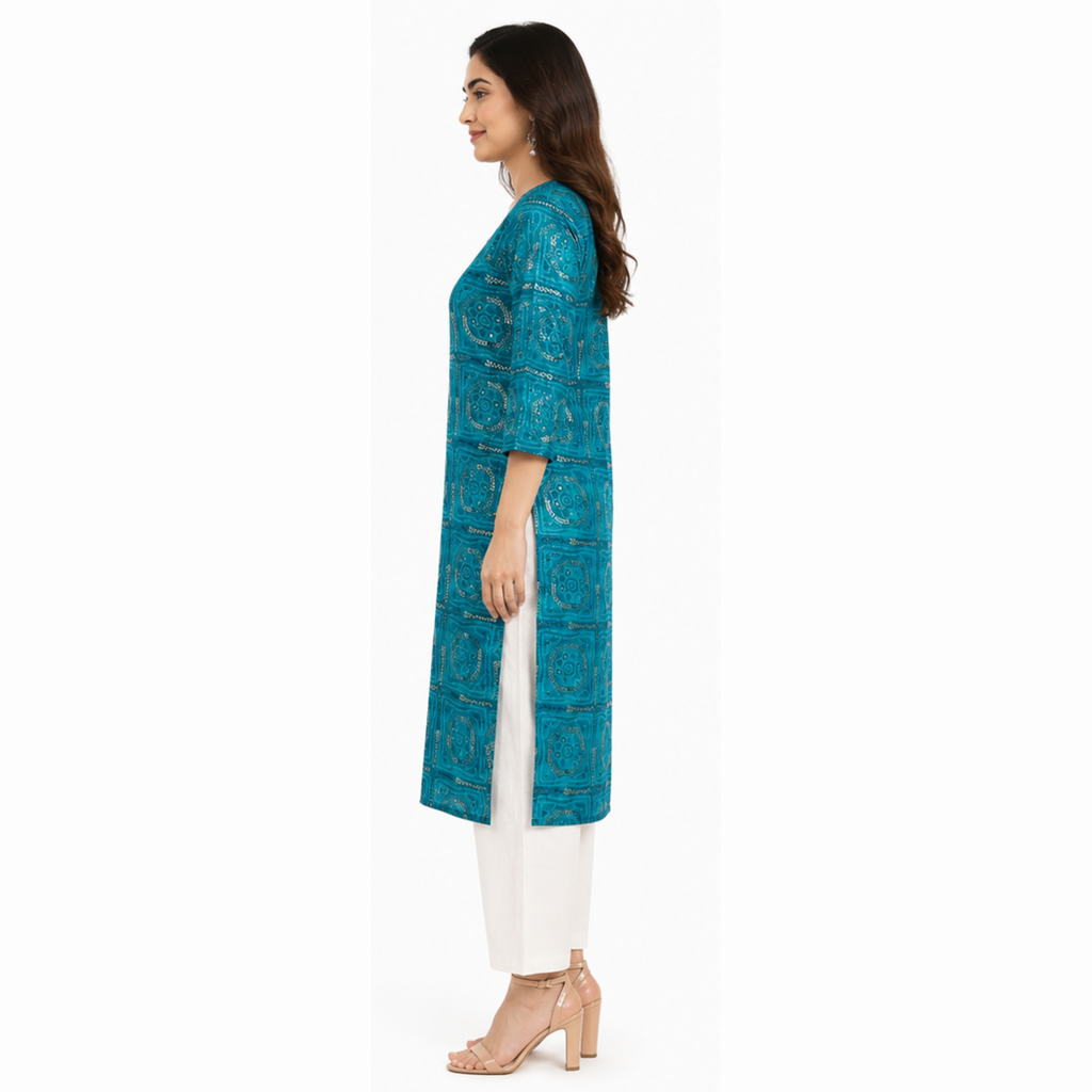 Women's Teal Blue Printed Cotton Straight Kurti
