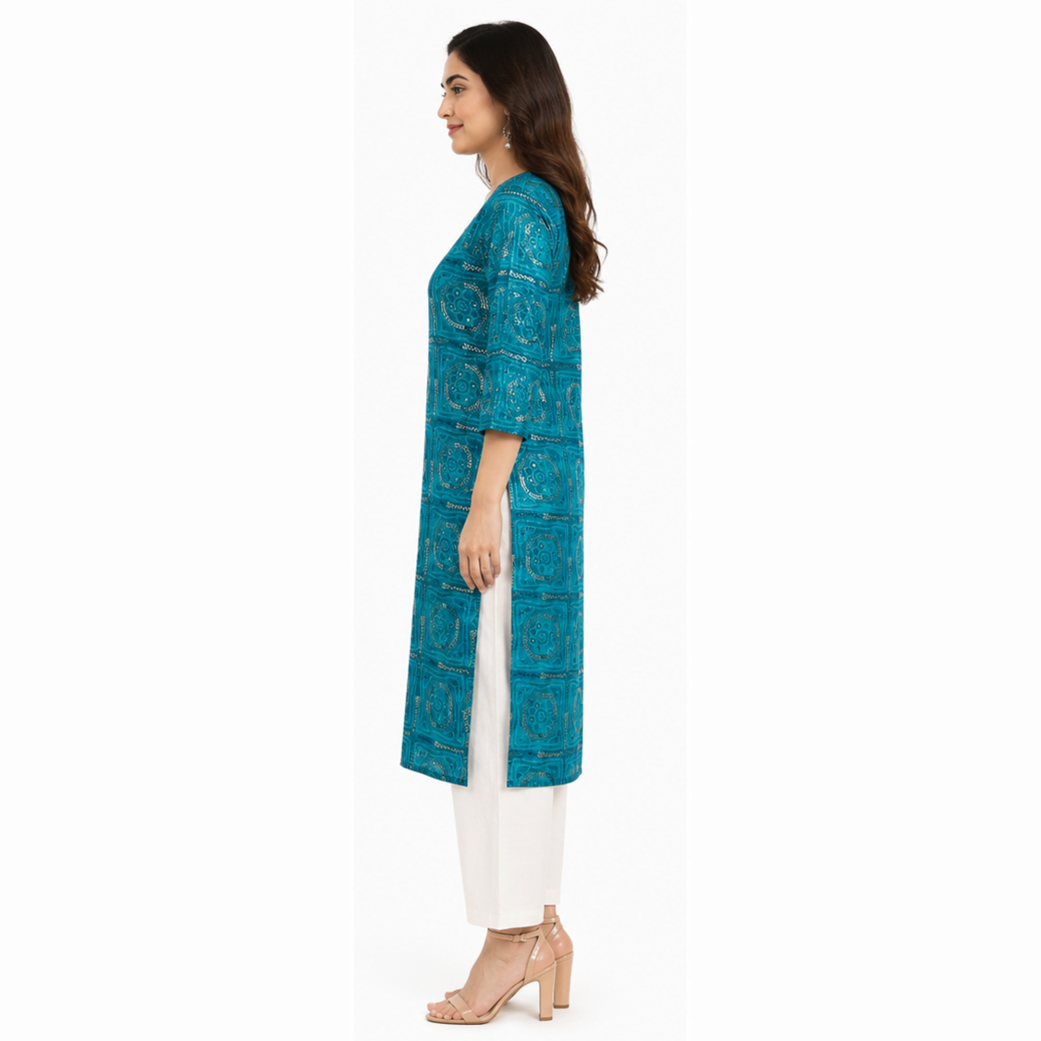 Women's Teal Blue Printed Cotton Straight Kurti