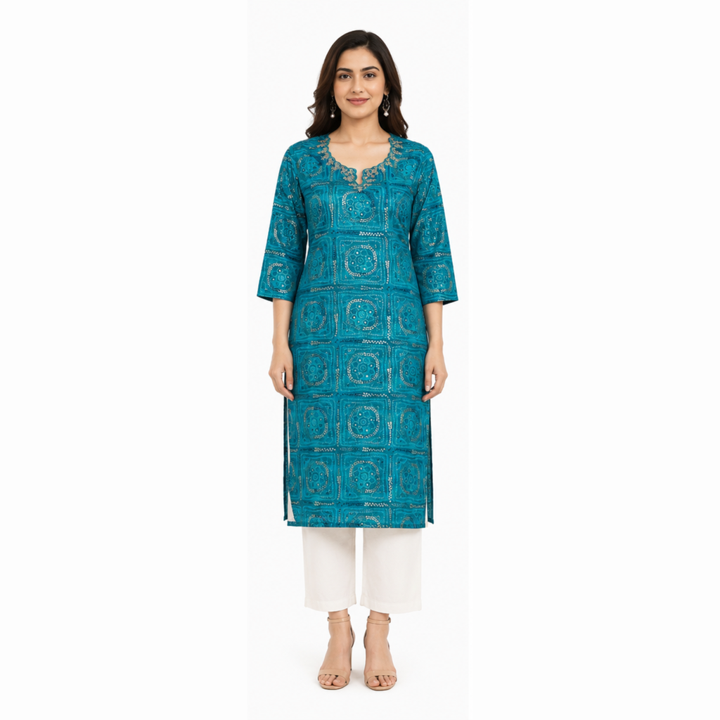 Women's Teal Blue Printed Cotton Straight Kurti