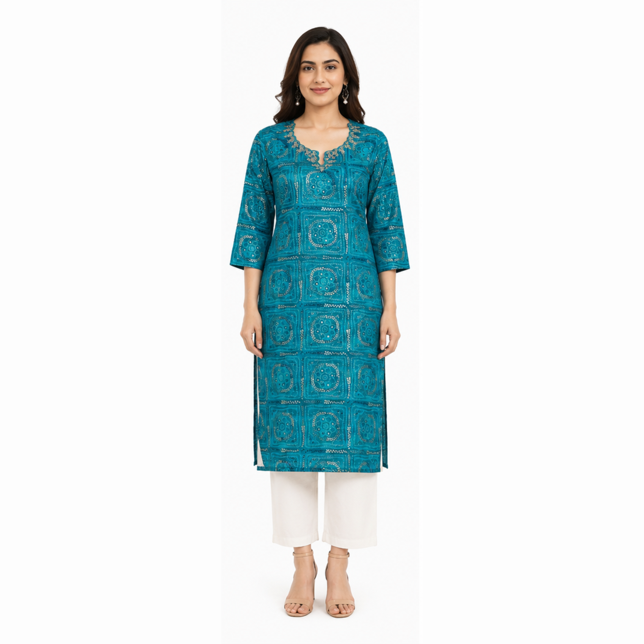 Women's Teal Blue Printed Cotton Straight Kurti