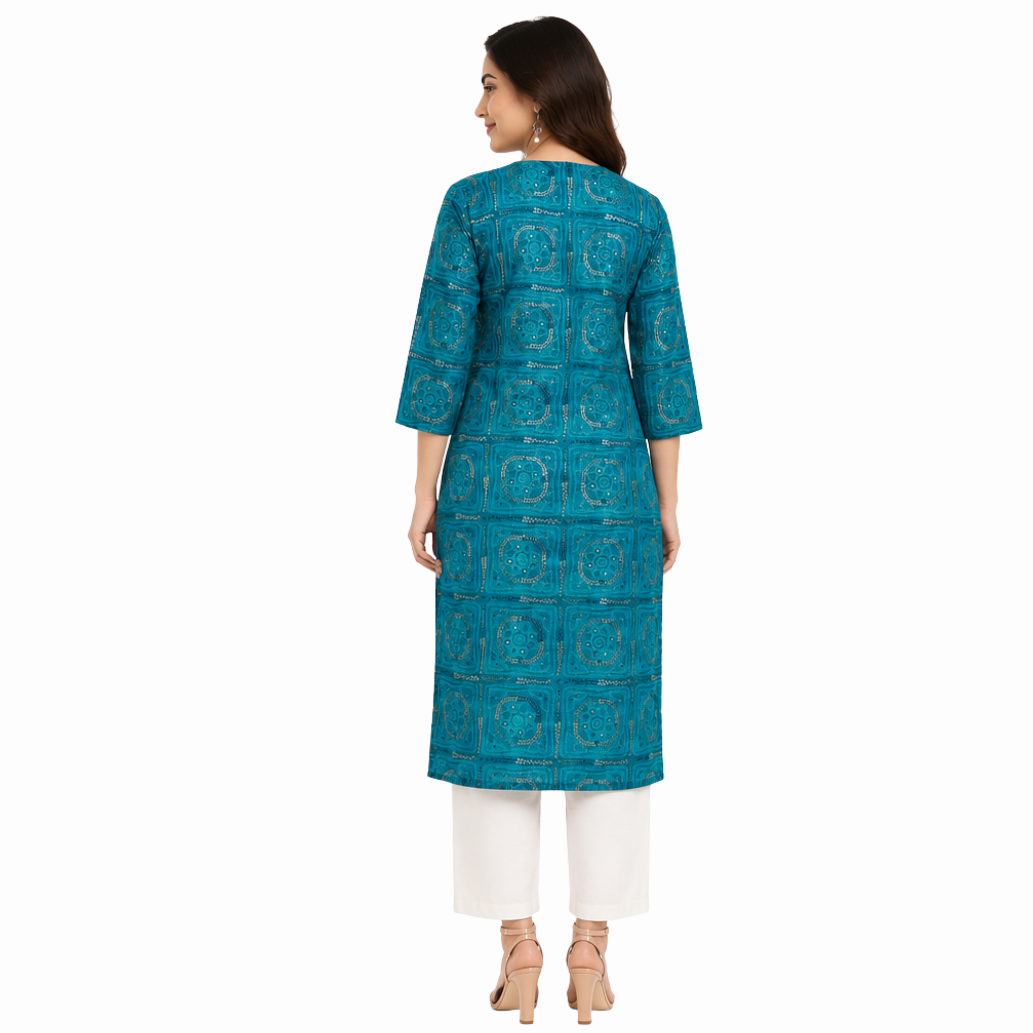 Women's Teal Blue Printed Cotton Straight Kurti