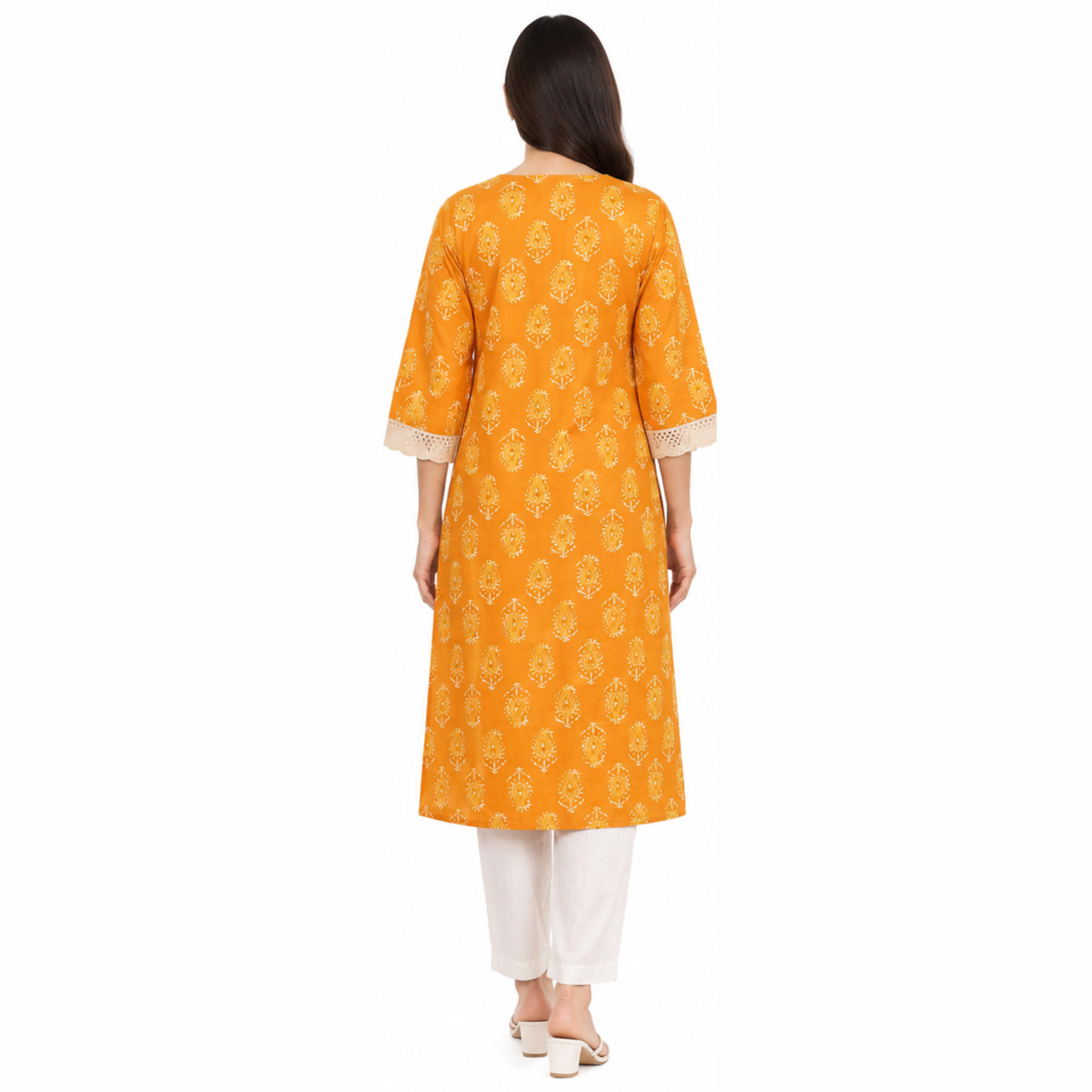 Women's Mustard Yellow Printed Cotton Straight Kurti