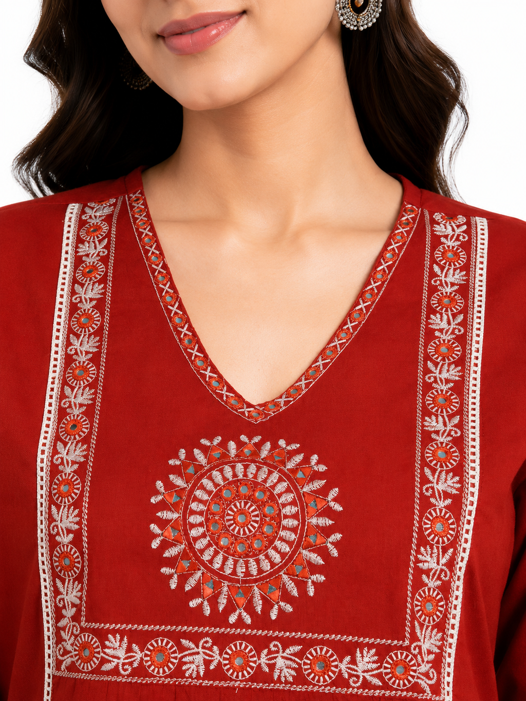 Women's Rust Red Embroidered Cotton Short Kurti