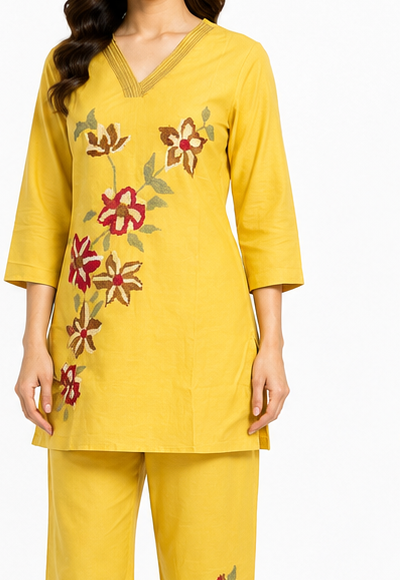 Mustard Floral Cotton Co-Ord Set | V-Neck