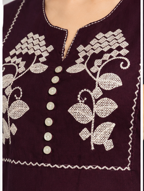 Women's Plum Purple Embroidered Cotton Short Kurti