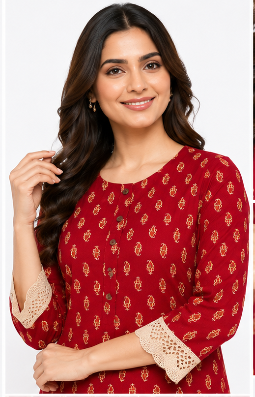 Maroon Red Printed Cotton Kurti