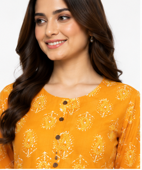 Women's Mustard Yellow Printed Cotton Straight Kurti