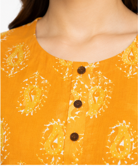 Women's Mustard Yellow Printed Cotton Straight Kurti