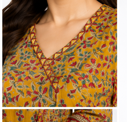Mustard Printed Angrakha Suit Set with Pants & Dupatta