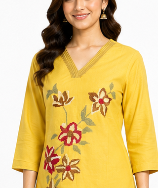 Mustard Floral Cotton Co-Ord Set | V-Neck