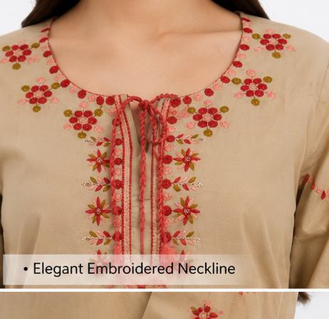 Beige Embroidered Cotton Co-Ord Set | Palazzo Pants