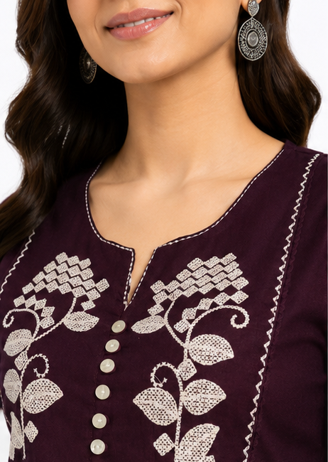 Women's Plum Purple Embroidered Cotton Short Kurti