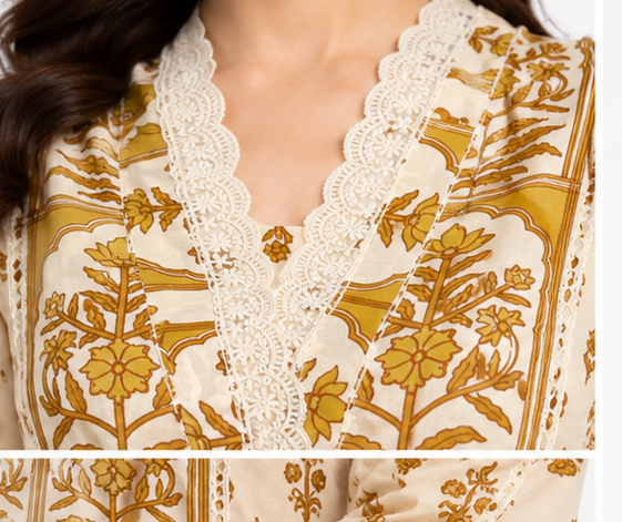 Mustard & Ivory Cotton Suit Set with Dupatta