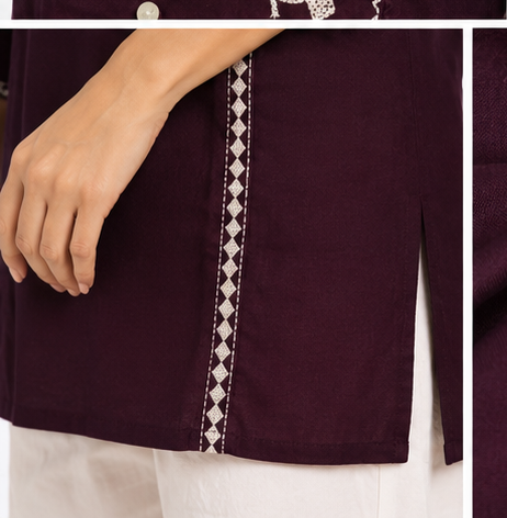 Women's Plum Purple Embroidered Cotton Short Kurti