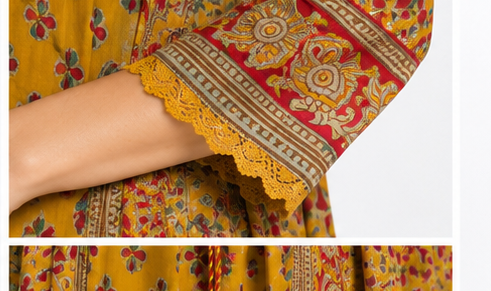 Mustard Printed Angrakha Suit Set with Pants & Dupatta